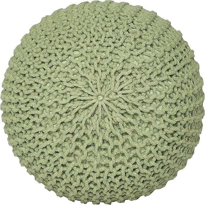 REDEARTH Round Pouf Foot Stool Ottoman - Cotton Knitted Cord Boho Pouffe - Cable Poof Filled Footrest Stuffed for Living Room - Nursery - Bedroom - Patio - Lounge (19.5"x19.5"x14") - Kiwi