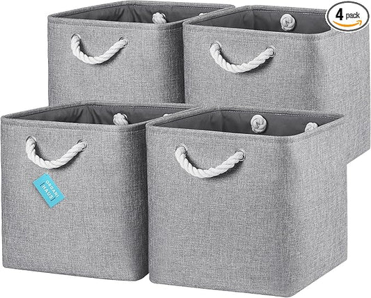 OrganiHaus 13x13 Cube Storage Bins 4 Pack, Foldable Cube Storage Organizer w/ Rope Handles, Collapsible Fabric Bins for Toys, Clothes & Closet Organization, Fabric Square Baskets - Gray