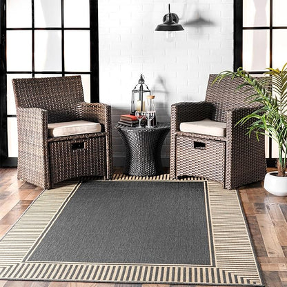 nuLOOM 2' x 3' Outdoor Area Rug, Casual Design With Striped Border, Stain Resistant, Highly Durable, For Patio, Balcony, Bedroom, Living Room, Dining Room, Bathroom, Dark Grey