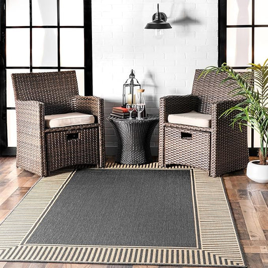 nuLOOM 6' 7" x 9' Outdoor Area Rug, Casual Design With Striped Border, Stain Resistant, Highly Durable, For Patio, Balcony, Bedroom, Living Room, Dining Room, Bathroom, Dark Grey