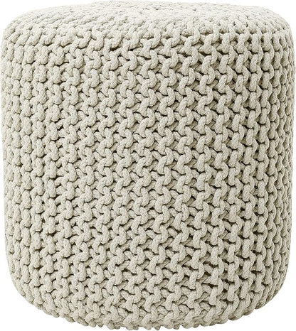 REDEARTH Cylindrical Hand Knitted Pouf - Foot Stool Ottoman - Cord Boho Pouffe - Cotton Round Poof for Home Decor - Living Room - Nursery - Bedroom - Patio (16" x 16" x 16") - Ivory