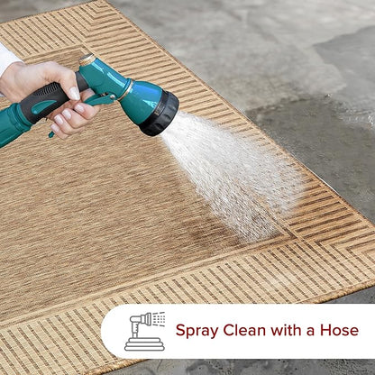 nuLOOM 5' x 8' Outdoor Area Rug, Casual Design With Striped Border, Stain Resistant, Highly Durable, For Patio, Balcony, Bedroom, Living Room, Dining Room, Bathroom, Light Brown