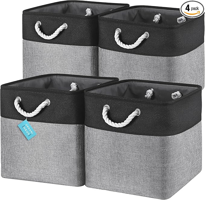 OrganiHaus 13x13 Cube Storage Bins 4 Pack, Foldable Cube Storage Organizer w/ Rope Handles, Collapsible Fabric Bins for Toys, Clothes & Closet Organization, Fabric Square Baskets - Gray/Black