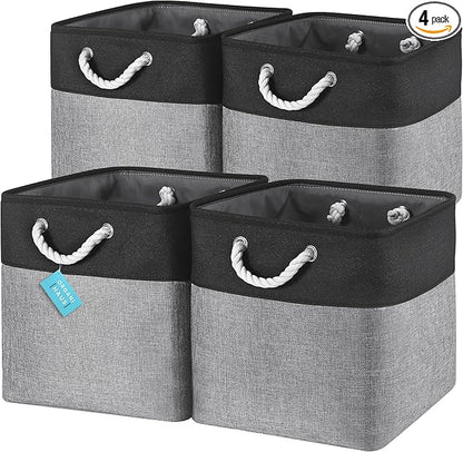 OrganiHaus 13x13 Cube Storage Bins 4 Pack, Foldable Cube Storage Organizer w/ Rope Handles, Collapsible Fabric Bins for Toys, Clothes & Closet Organization, Fabric Square Baskets - Gray/Black