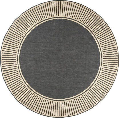 nuLOOM 6'7" Round Outdoor Area Rug, Casual Design With Striped Border, Stain Resistant, Highly Durable, For Patio, Balcony, Bedroom, Living Room, Dining Room, Bathroom, Dark Grey