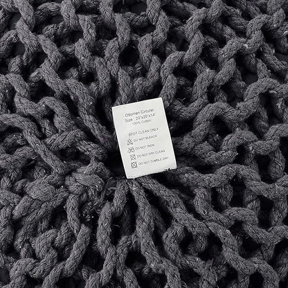 REDEARTH Round Pouf Foot Stool Ottoman - Cotton Hand Knitted Dori Pouffe - Cord Boho Home Décor - Stuffed Cable Poof for Living Room - Bedroom (19.5"x19.5"x14") - Dark Gray