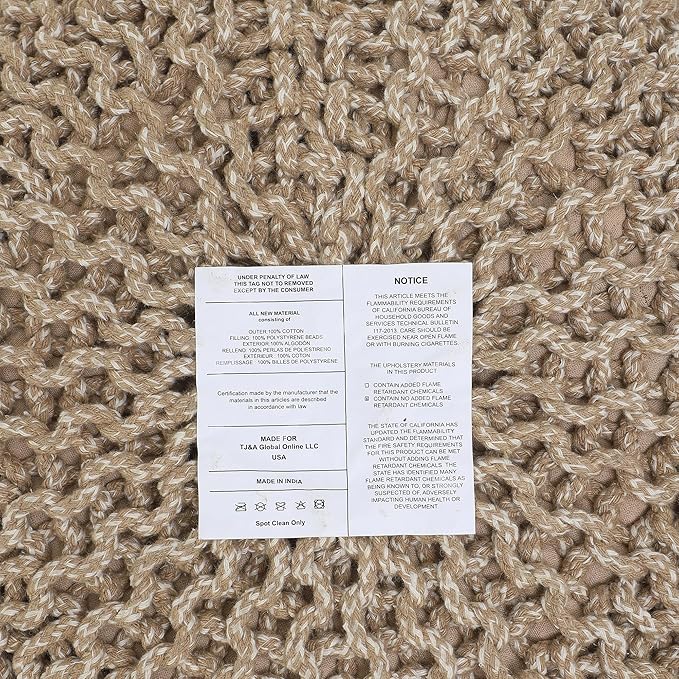 REDEARTH Round Pouf Ottoman - Hand Knitted Cable Boho Poof Home Décor Pouffe Circular Footrest for Living Room - Nursery - Bedroom - Lounge 100% Cotton (19.5"x19.5"x14") - Beige Ivory