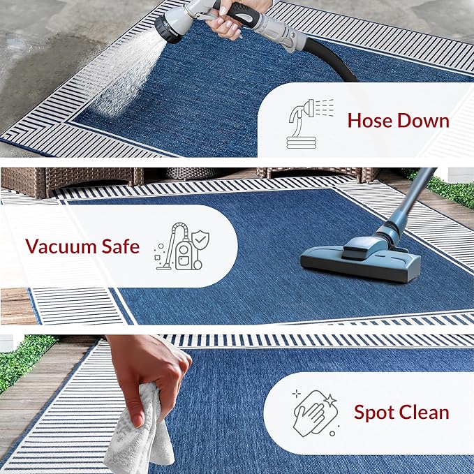 nuLOOM 4' x 6' Outdoor Area Rug, Casual Design With Striped Border, Stain Resistant, Highly Durable, For Patio, Balcony, Bedroom, Living Room, Dining Room, Bathroom, Navy