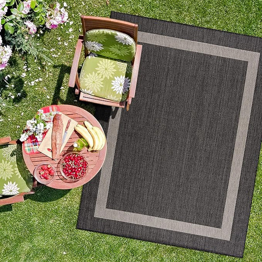 CAMILSON Outdoor Rug 9x12, Large Modern Outside Rugs for Patios Porches Waterproof Durable Washable Non-Shedding, Easy-to-Clean Indoor Outdoor Area Carpet (9 x 12, Bordered - Dark Gray/Light Gray)
