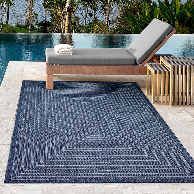 Adiva Rugs Outdoor Indoor Area Rug, Weather Resistant, Easy to Clean, Stain Resistant Floor Mat for Dining Room, Backyard, Deck, Patio (Navy Weiss, 8' x 10')