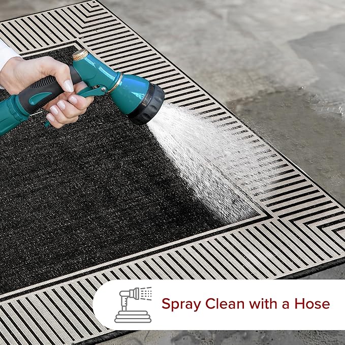 nuLOOM 5' x 8' Outdoor Area Rug, Casual Design With Striped Border, Stain Resistant, Highly Durable, For Patio, Balcony, Bedroom, Living Room, Dining Room, Bathroom, Black