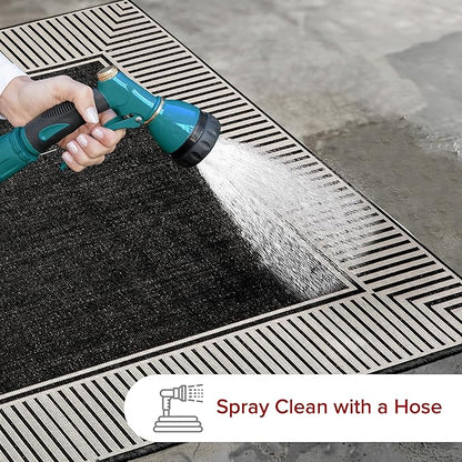 nuLOOM 4' x 6' Outdoor Area Rug, Casual Design With Striped Border, Stain Resistant, Highly Durable, For Patio, Balcony, Bedroom, Living Room, Dining Room, Bathroom, Black