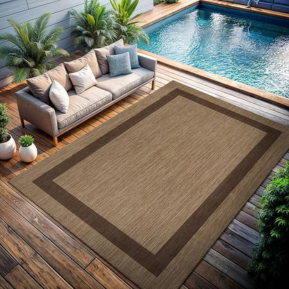 CAMILSON Outdoor Rug 6x9 - Modern Outside Rugs for Patios Porches Waterproof Durable Washable Non-Shedding, Easy-to-Clean Indoor Outdoor Area Carpet (6 x 9, Bordered - Jute)