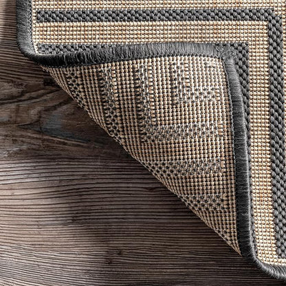 nuLOOM 6'7" Round Outdoor Area Rug, Casual Design With Striped Border, Stain Resistant, Highly Durable, For Patio, Balcony, Bedroom, Living Room, Dining Room, Bathroom, Dark Grey