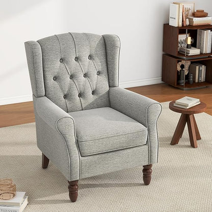UIXE High Back Accent Chair, Upholstered Armchair in Fabric, Retro Wingback Arm Chair for Living Room, Comfy Single Sofa Bedroom Reading Seat with Solid Wood Legs - Light Gray