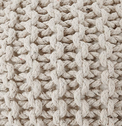 REDEARTH Round Pouf Ottoman - Cable Knitted Boho Poof - Home Décor Cord Pouffe Handmade Circular Footrest for Living Room - Bedroom - Kids Bedroom - 100% Cotton Pouf (18" x 18" x 14") - Ivory