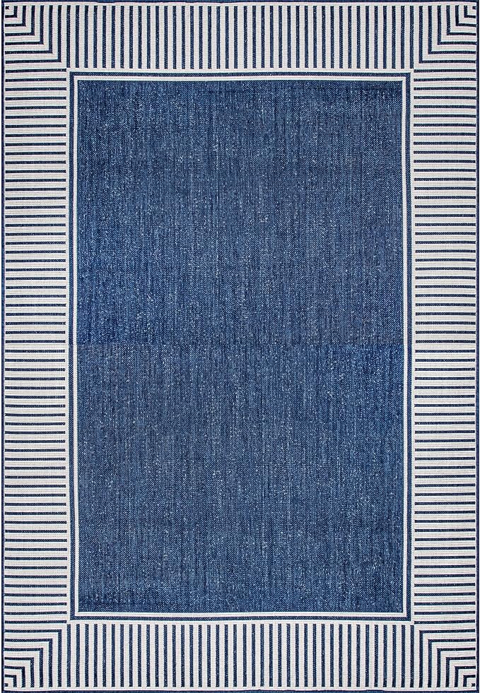nuLOOM 4' x 6' Outdoor Area Rug, Casual Design With Striped Border, Stain Resistant, Highly Durable, For Patio, Balcony, Bedroom, Living Room, Dining Room, Bathroom, Navy