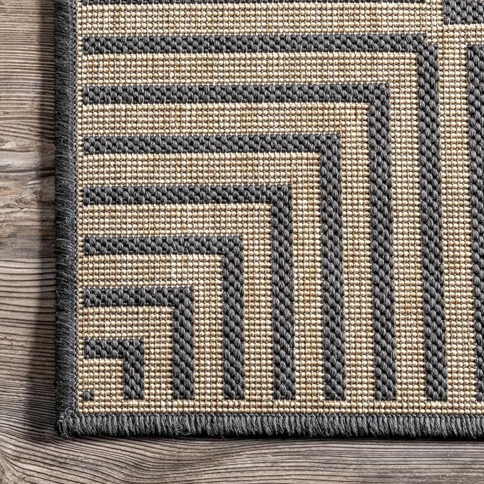 nuLOOM 3'6" x 5' Outdoor Area Rug, Casual Design With Striped Border, Stain Resistant, Highly Durable, For Patio, Balcony, Bedroom, Living Room, Dining Room, Bathroom, Dark Grey