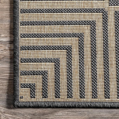 nuLOOM 2' x 3' Outdoor Area Rug, Casual Design With Striped Border, Stain Resistant, Highly Durable, For Patio, Balcony, Bedroom, Living Room, Dining Room, Bathroom, Dark Grey