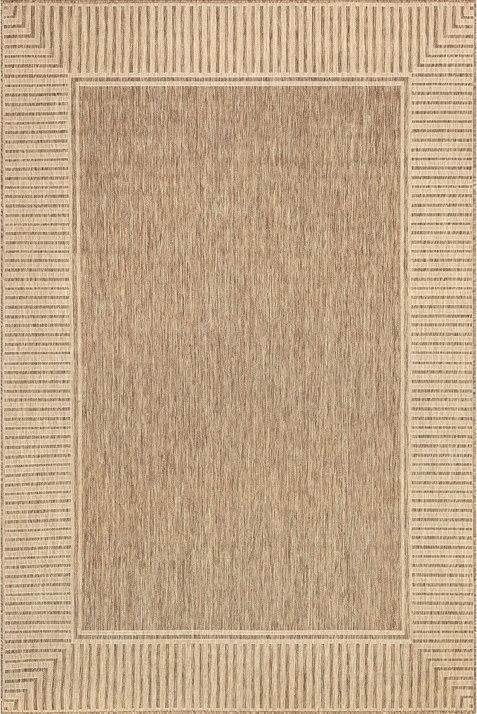 nuLOOM 8' x 10' Outdoor Area Rug, Casual Design With Striped Border, Stain Resistant, Highly Durable, For Patio, Balcony, Bedroom, Living Room, Dining Room, Bathroom, Light Brown