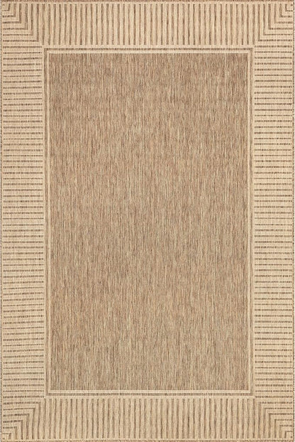 nuLOOM 4' x 6' Outdoor Area Rug, Casual Design With Striped Border, Stain Resistant, Highly Durable, For Patio, Balcony, Bedroom, Living Room, Dining Room, Bathroom, Light Brown