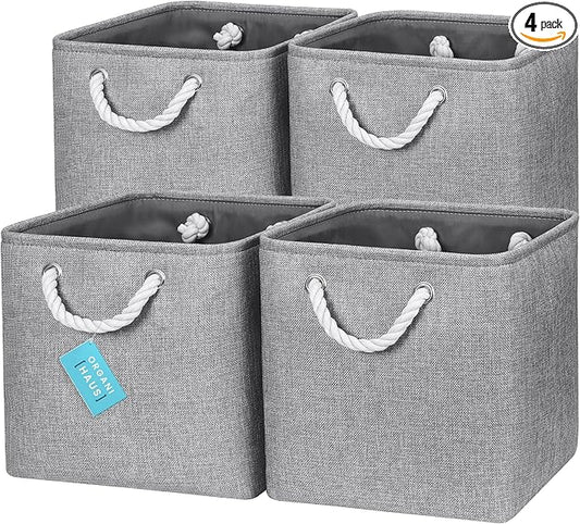 OrganiHaus 11x11 Cube Storage Bins 4 Pack, Foldable Cube Storage Organizer w/ Rope Handles, Collapsible Fabric Bins for Toys, Clothes & Closet Organization, Fabric Square Baskets - Gray