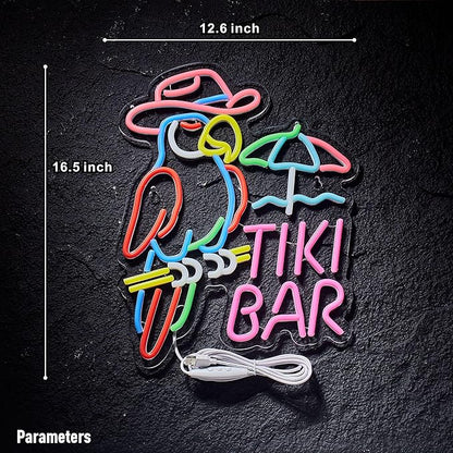 Tiki Bar Parrot Neon Sign for Wall Decor Hawaii Beach Bar LED Light up Signs with Dimmer for Pub Party Man Cave Room Art Decor Gift