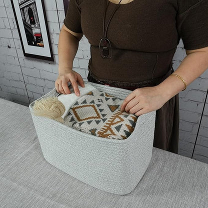 Cotton Rope storage Basket Bins Woven Basket for Organizing Shelves 14.5X9.5X9.3“ Rectangle Decorative Baskets For storage Clothes Toys Books Towels Square Wicker Nursery basket organizer 3 pack grey