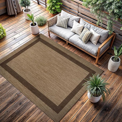 CAMILSON Outdoor Rug 10x14 - Large Modern Outside Rugs for Patios Porches Waterproof Durable Washable Non-Shedding, Easy-to-Clean Indoor Outdoor Area Carpet (10 x 14, Bordered - Jute)
