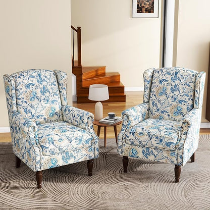 UIXE High Back Floral Accent Chairs Set of 2, Upholstered Armchair in Fabric, Retro Printed Wingback Arm Chair for Living Room, Nailhead Trim Single Sofa Bedroom Reading Seat - Boho Blue