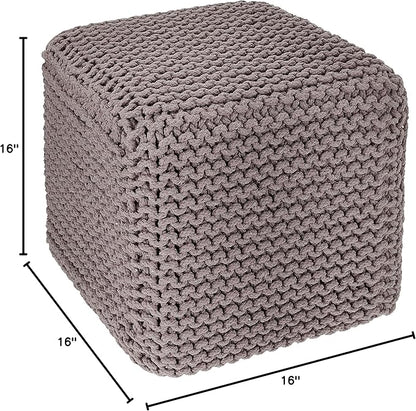 REDEARTH Cube Hand Knitted Pouf - Foot Stool Ottoman - Cord Boho Pouffe - Poof Accent Stuffed Table or Footrest for Living Room - Nursery - Bedroom - Patio - 100% Cotton (16" x 16" x 16") - Taupe