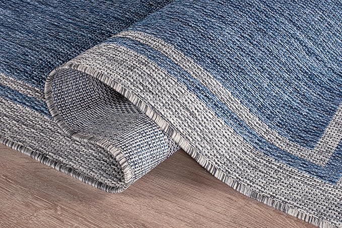CAMILSON Outdoor Rug, 6x9 Bordered Navy Blue Gray Modern Area Rugs for Indoor and Outdoor Patios, Porches Waterproof Washable Porch Deck Outside Carpet (Bordered Navy, 6 x 9)