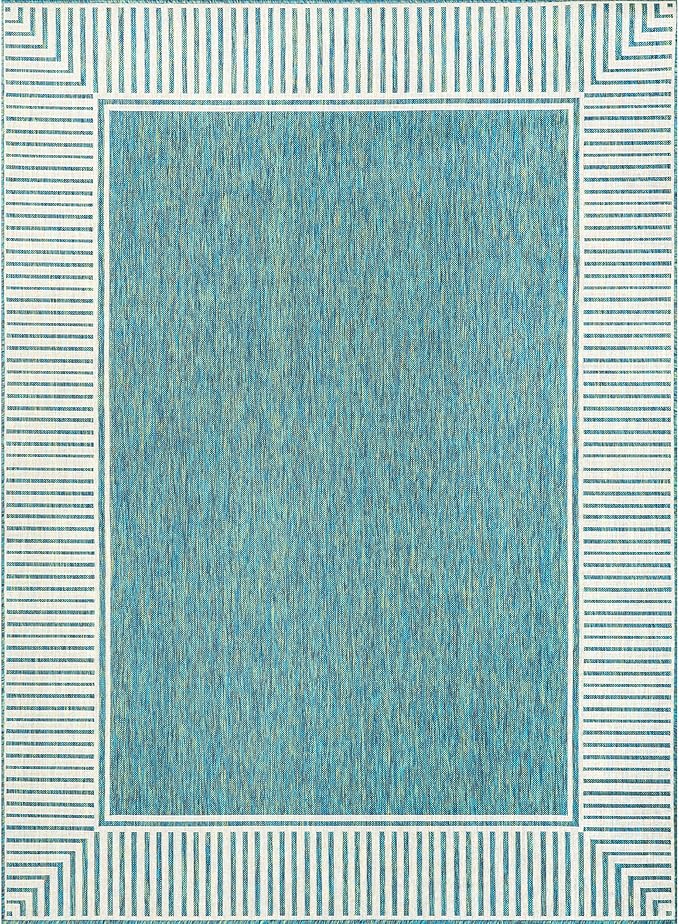 nuLOOM 9'6" x 12' Outdoor Area Rug, Casual Design With Striped Border, Stain Resistant, Highly Durable, For Patio, Balcony, Bedroom, Living Room, Dining Room, Bathroom, Teal