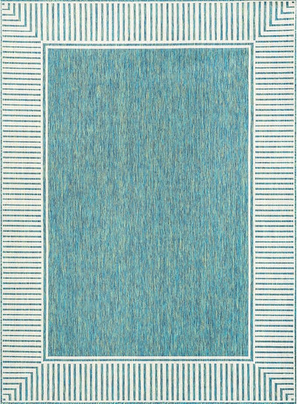 nuLOOM 5' x 8' Outdoor Area Rug, Casual Design With Striped Border, Stain Resistant, Highly Durable, For Patio, Balcony, Bedroom, Living Room, Dining Room, Bathroom, Teal