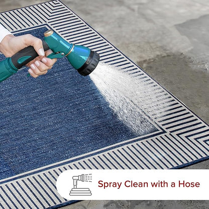 nuLOOM 10' x 12' Outdoor Area Rug, Casual Design With Striped Border, Stain Resistant, Highly Durable, For Patio, Balcony, Bedroom, Living Room, Dining Room, Bathroom, Navy