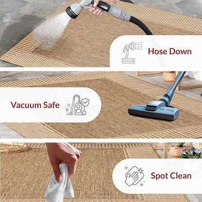 nuLOOM 3'6" x 5' Outdoor Area Rug, Casual Design With Striped Border, Stain Resistant, Highly Durable, For Patio, Balcony, Bedroom, Living Room, Dining Room, Bathroom, Light Brown