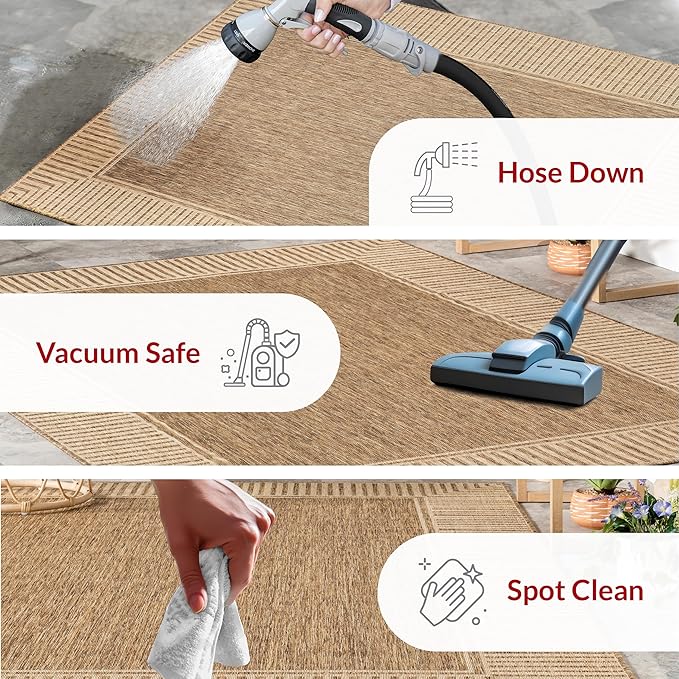 nuLOOM 8' x 10' Outdoor Area Rug, Casual Design With Striped Border, Stain Resistant, Highly Durable, For Patio, Balcony, Bedroom, Living Room, Dining Room, Bathroom, Light Brown