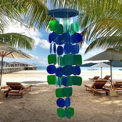 Bellaa 24858 Wind Chimes Outdoor, Garden Decorations, Musical, Indoor/Outside Windchimes, Beach, Ocean Breeze, Gifts for Mom, Gift for All Occasions, Capiz Sea Glass Shells Wood 27 inch Green Blue