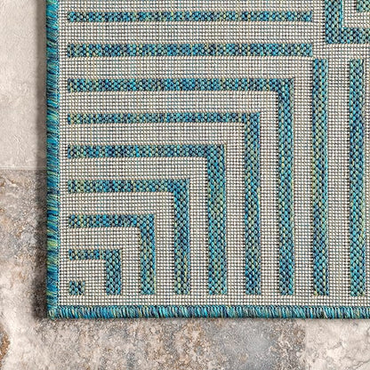 nuLOOM 4' x 6' Outdoor Area Rug, Casual Design With Striped Border, Stain Resistant, Highly Durable, For Patio, Balcony, Bedroom, Living Room, Dining Room, Bathroom, Teal