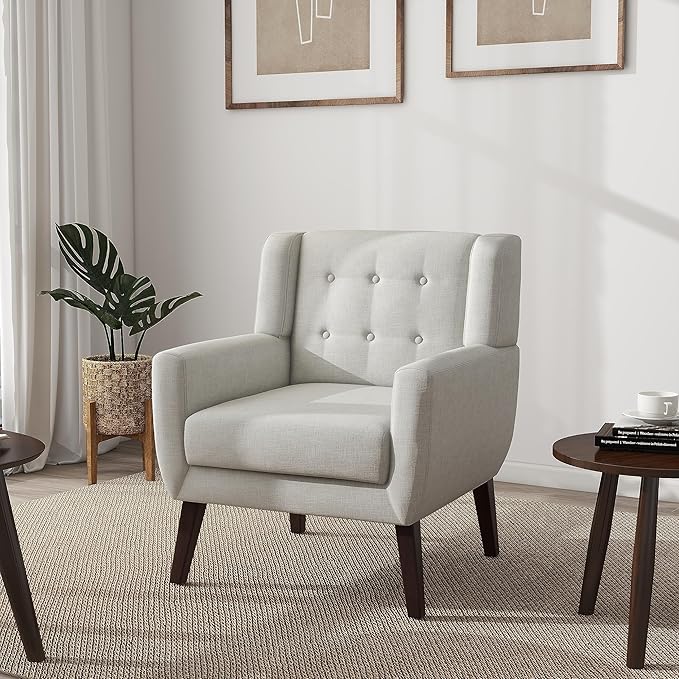 UIXE Accent Chair, Modern Upholstered Armchair in Fabric for Living Room, Comfy Club Arm Chairs Single Sofa Button Tufted Bedroom Reading Seat - Beige, Set of 4