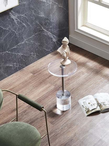Clear Acrylic End Table,Side Table,Brushed Silver Metal,Round,for Office, Living Room and Bedroom,Easy Assembly,12x12 inch，21.3 inch high