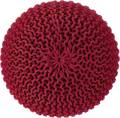 REDEARTH Round Pouf Ottoman - Hand Knitted Cable Boho Poof - Foot Stool Bean Bag - Home Décor Stuffed Footrest for Living Room - Nursery - Bedroom - 100% Cotton Poufs (19.5"x19.5"x14") - Red