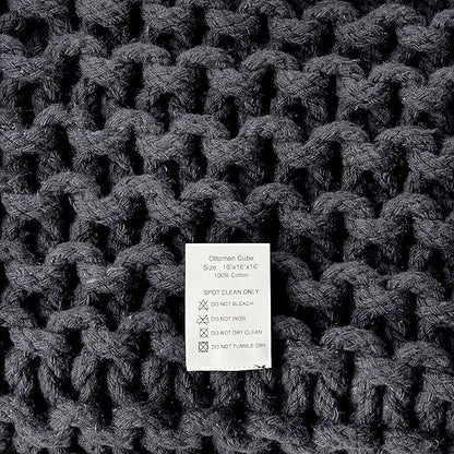 REDEARTH Cube Pouf Foot Stool Ottoman - Hand Knitted Coffee Table - Cotton Cord Boho Pouffe - Home Décor Poof - Stuffed Footrest for Living Room - Bedroom - Patio (16" x 16" x 16") - Dark Gray