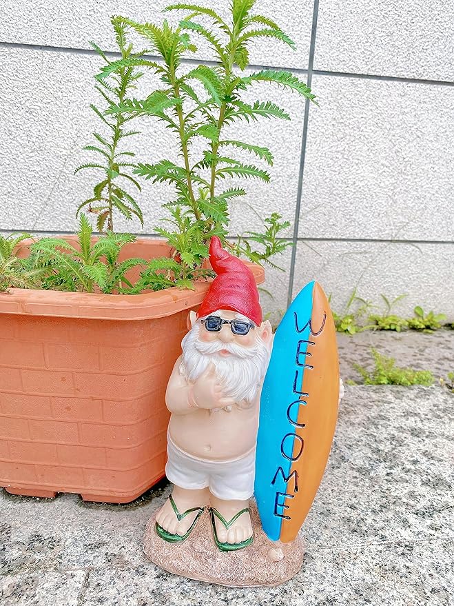 Surfer Garden Sculpture | Party Gnome Garden Statue |Surfing gnome |Funny Lawn Gnome Statue - 10 inches
