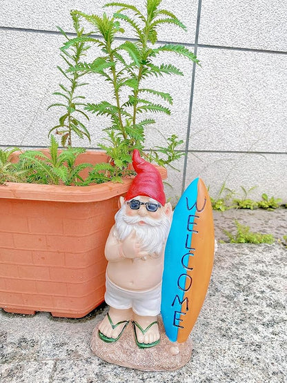 Surfer Garden Sculpture | Party Gnome Garden Statue |Surfing gnome |Funny Lawn Gnome Statue - 10 inches