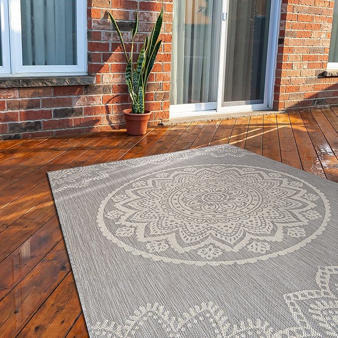 CAMILSON Outdoor Rug 8x10 Modern Area Rugs for Indoor and Outdoor Patios and Porches - Waterproof, Washable, Non-Shedding, Easy-to-Clean Outside Carpet (8 x 10, Medallion - Grey/White)