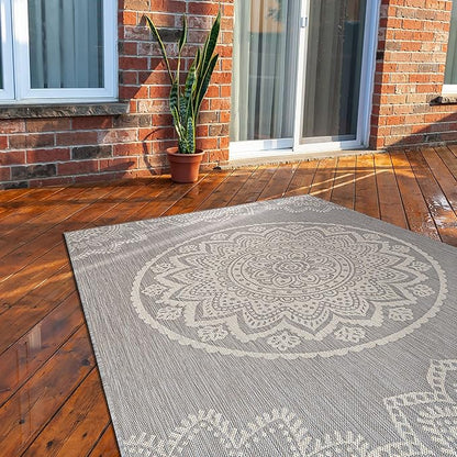 CAMILSON Outdoor Rug 6x9 Modern Area Rugs for Indoor and Outdoor Patios and Porches - Waterproof, Washable, Non-Shedding, Easy-to-Clean Outside Carpet (6 x 9, Medallion - Grey/White)