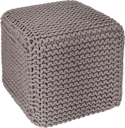 REDEARTH Cube Hand Knitted Pouf - Foot Stool Ottoman - Cord Boho Pouffe - Poof Accent Stuffed Table or Footrest for Living Room - Nursery - Bedroom - Patio - 100% Cotton (16" x 16" x 16") - Taupe