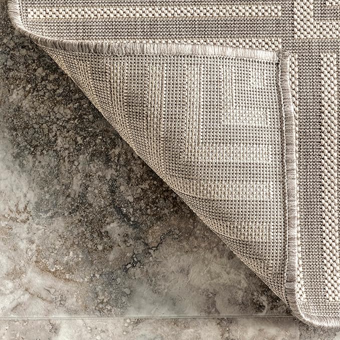 nuLOOM 5' x 8' Outdoor Area Rug, Casual Design With Striped Border, Stain Resistant, Highly Durable, For Patio, Balcony, Bedroom, Living Room, Dining Room, Bathroom, Light Grey