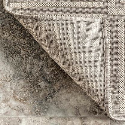 nuLOOM 4' x 6' Outdoor Area Rug, Casual Design with Striped Border, Stain Resistant, Highly Durable, for Patio, Balcony, Bedroom, Living Room, Dining Room, Bathroom, Light Grey